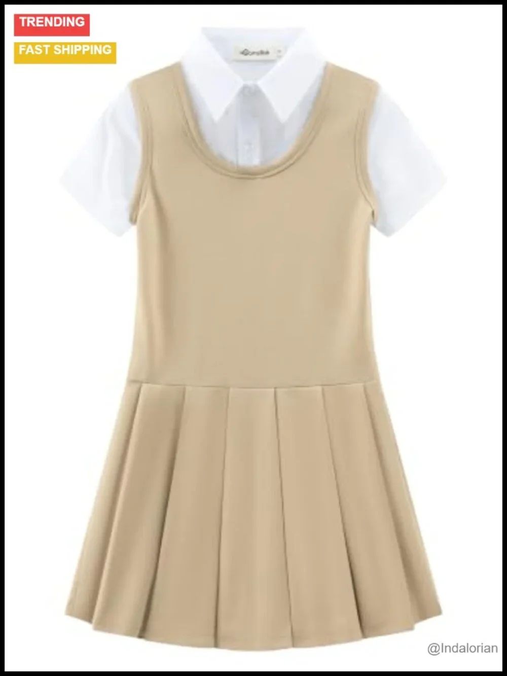 Girls 2-in-1 School Uniform Pleated Jumper Dress Short Sleeve Button Down